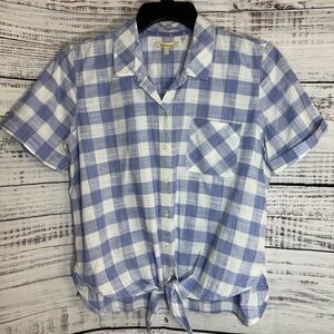 Barbour Pier Shirt Women Size 10 Cotton Plaid Tie Front Hem Blouse Cotton Top